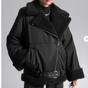 & Other Stories Stockholm Aviator Jacket Womens Large Black New Faux Shearling